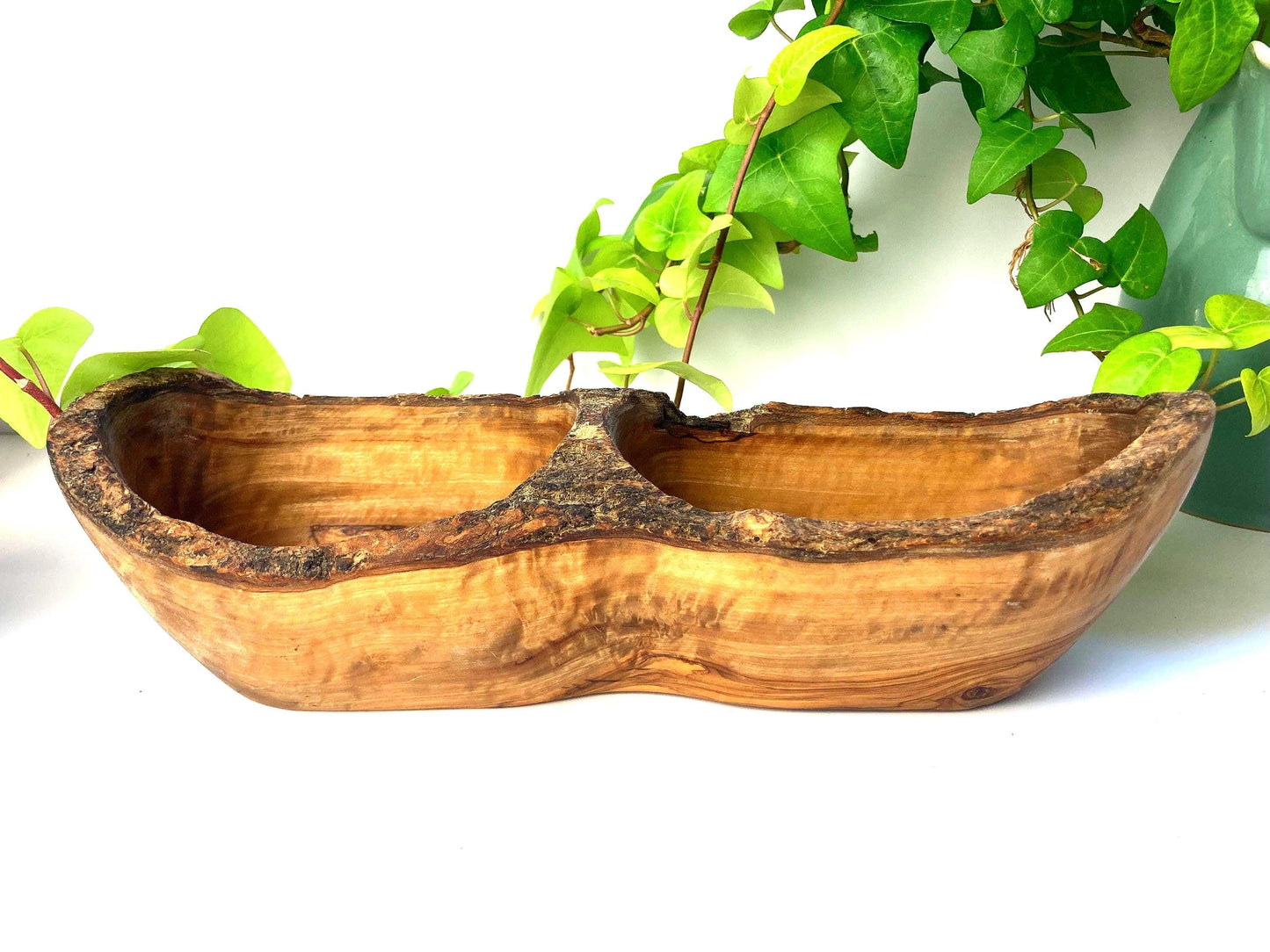 Olive Wood Snack Bowl with 2 Compartments, Rustic Farmhouse Style Serving Dish