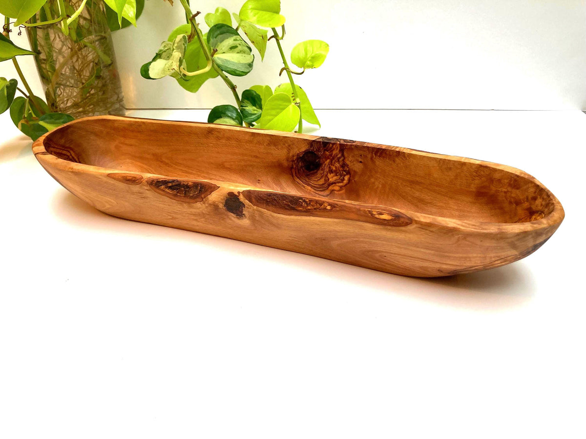 Handcrafted Olive Wood Baguette Bowl, Long Rustic Bread Bowl with Natural Live Edge (42cm)