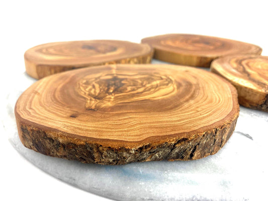 Olive Wood Coasters Set Of 5, Rustic, Handmade, Wooden Slabs, Bar Decor, Zero Waste Gift 14cm x 13cm Unique Gift, Natural Gift, Wedding Gift