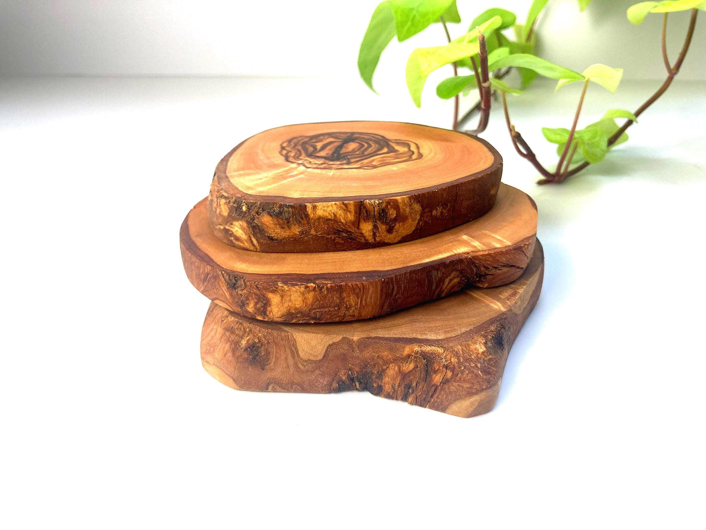 Handmade Olive Wood Coasters: Rustic Live Edge Bar & Table Decor